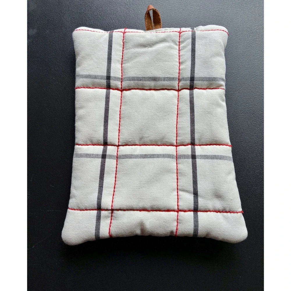 Hearth & Hand Magnolia Plaid Pot Holder Oven Mitt Set Cream Red Gray Farmhouse